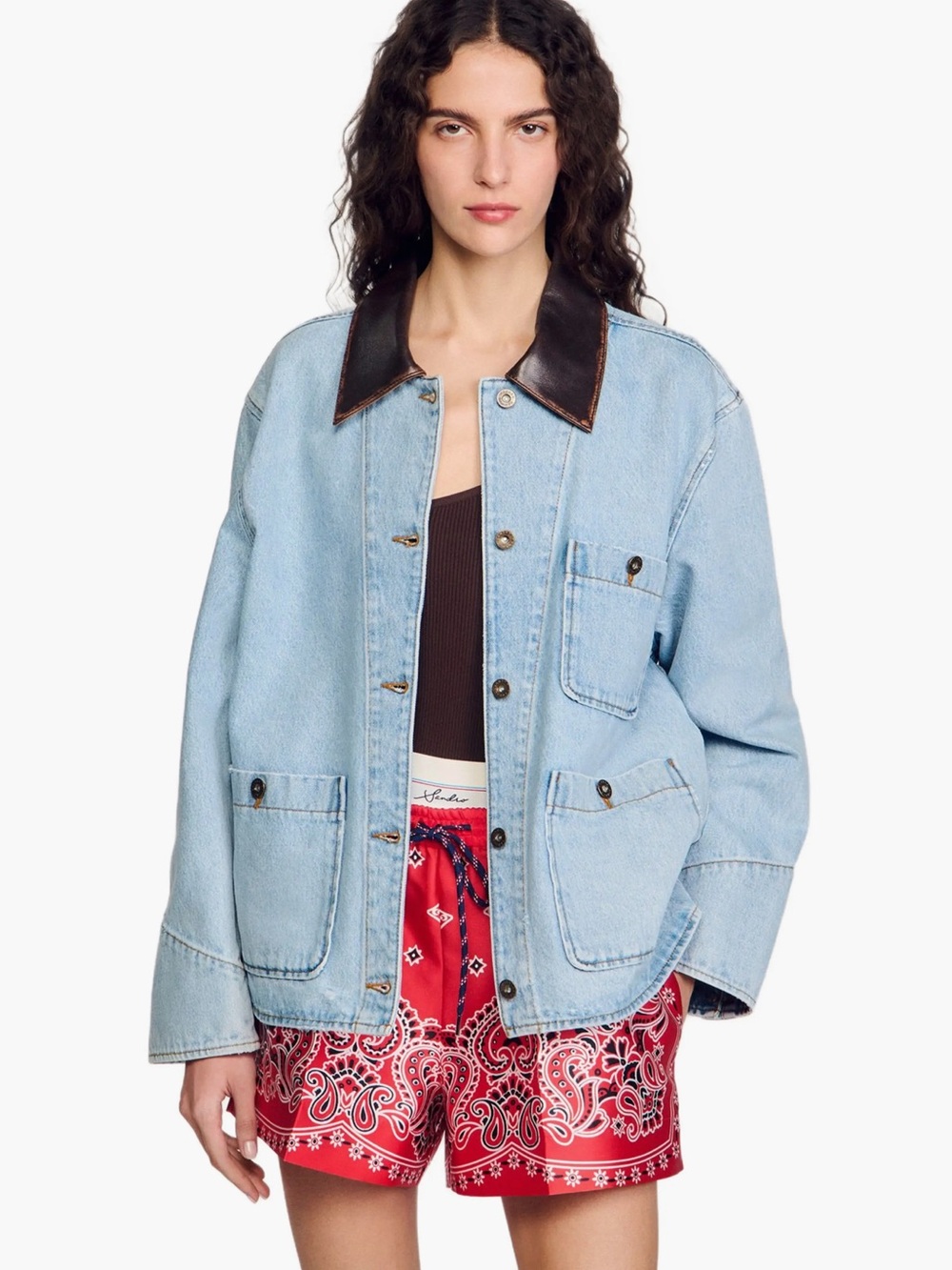 Sandro Light Blue Denim Jacket with Dark Brown Collar. Size M